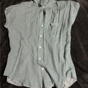 Casual Green and White Striped Women's Button Down Shirt